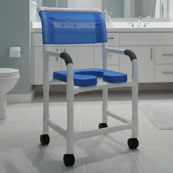 Rolling shower commode chair product photo on neutral background