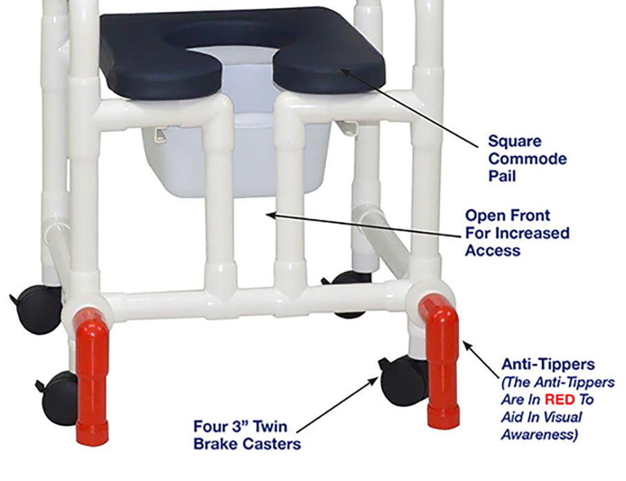 MJM International 118-3-SSDE-CBP-AB-OF-SQ-PAIL-AT Shower chair with Soft Seat Deluxe Elongated, Cushion Back, Open Front, Square Pail And Anti-Tippers