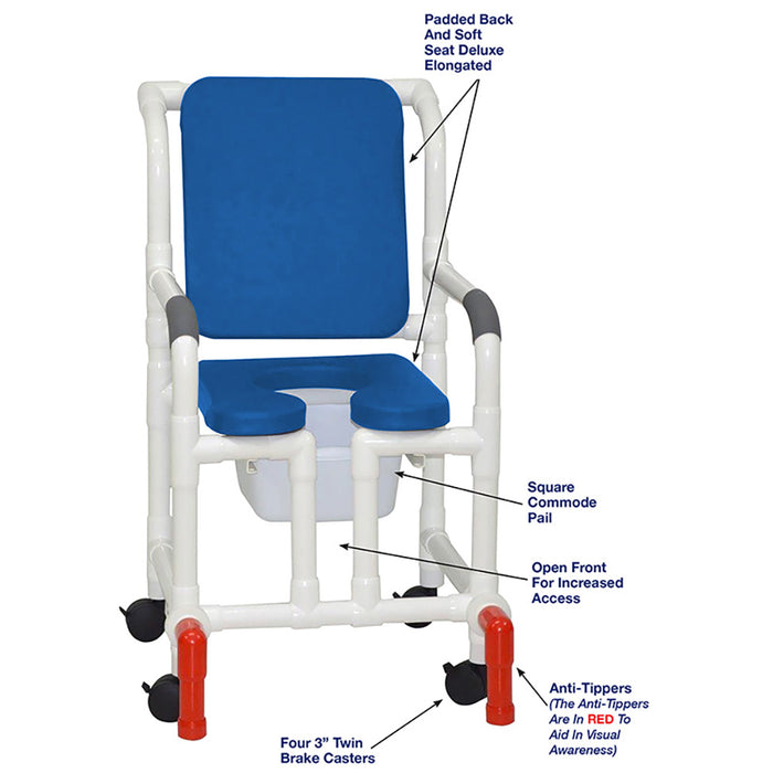 MJM International 118-3TW-SSDE-CBP-BL-OF-SQ-PAIL-AT Shower Chair With Soft Seat Deluxe Elongated, Cushion Back, Open Front, Square Pail And Anti-Tippers