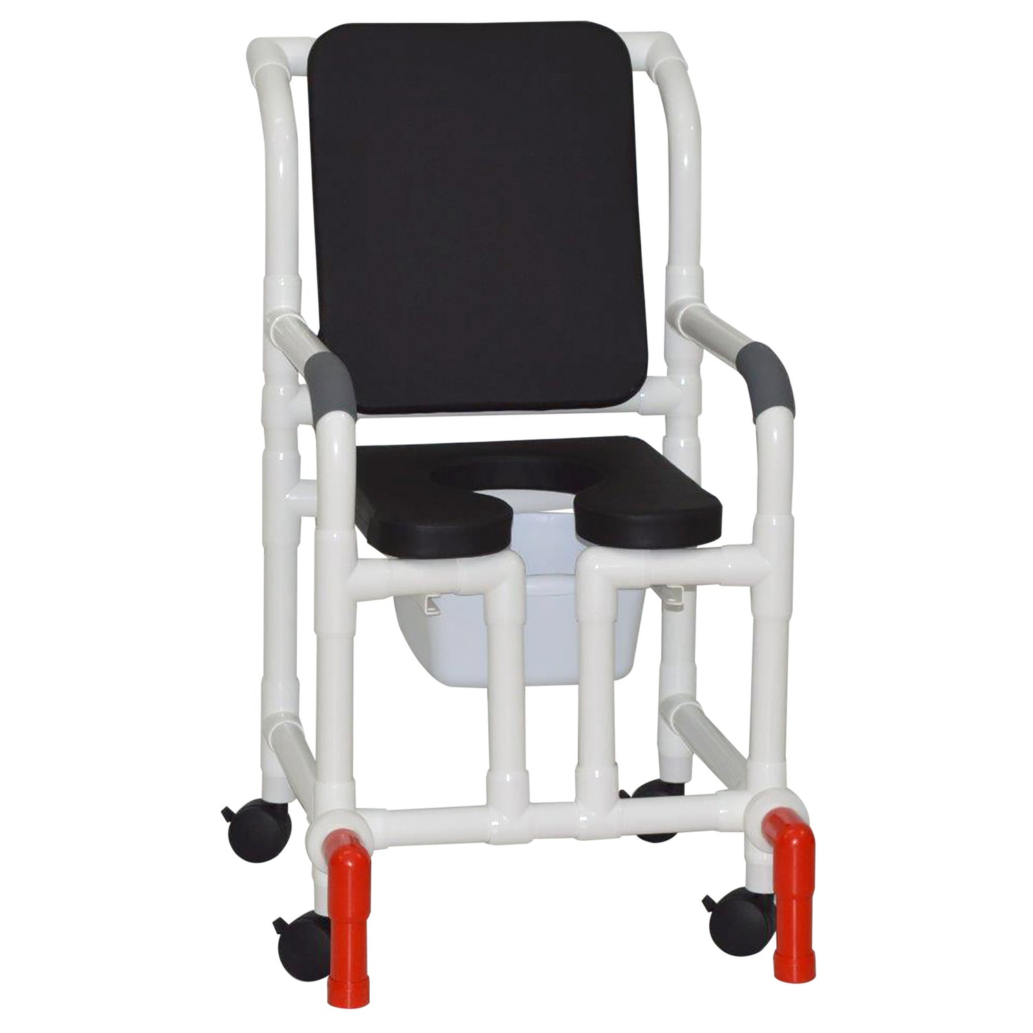 MJM International 118-3TW-SSDE-CBP-BLK-OF-SQ-PAIL-AT Shower Chair With Soft Seat Deluxe Elongated, Cushion Back, Open Front, Square Pail And Anti-Tippers