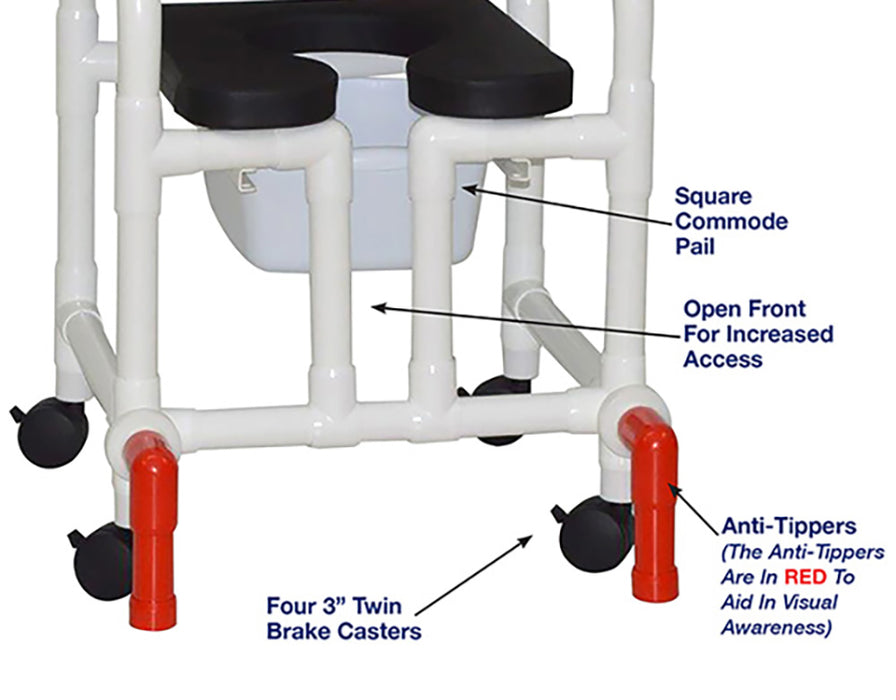MJM International 118-3TW-SSDE-CBP-BLK-OF-SQ-PAIL-AT Shower Chair With Soft Seat Deluxe Elongated, Cushion Back, Open Front, Square Pail And Anti-Tippers