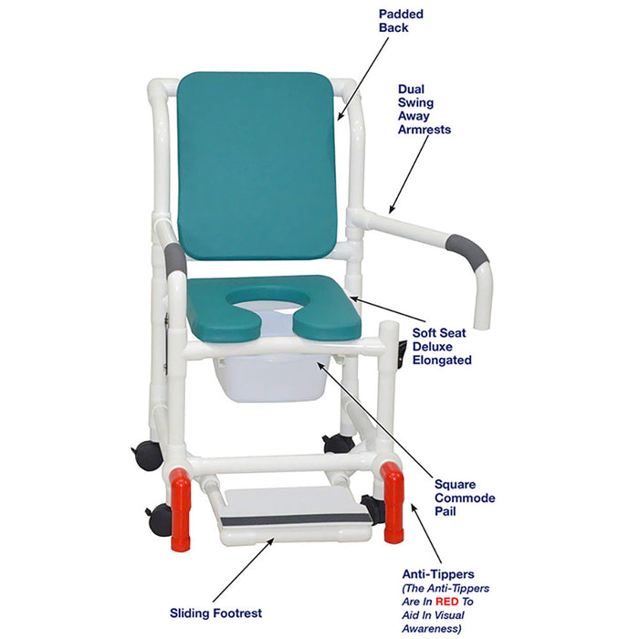 MJM International 118-3TW-SSDE-CBP-OB-DDA-SF-10-QT-C-AT Shower Chair With Soft Seat Deluxe Elongated, Cushion Back, Dual Swing Away Armrests, Sliding Footrest, Square Pail And Anti-Tippers