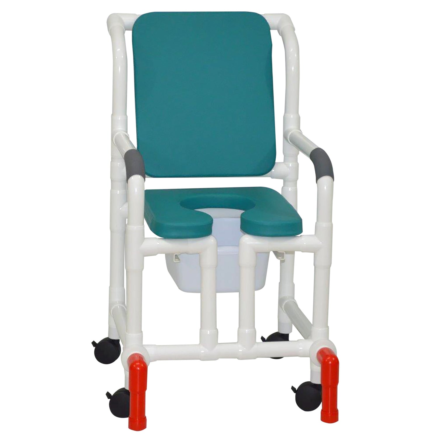 MJM International 118-3TW-SSDE-CBP-OB-OF-SQ-PAIL-AT Shower Chair With Soft Seat Deluxe Elongated, Cushion Back, Open Front, Square Pail And Anti-Tippers