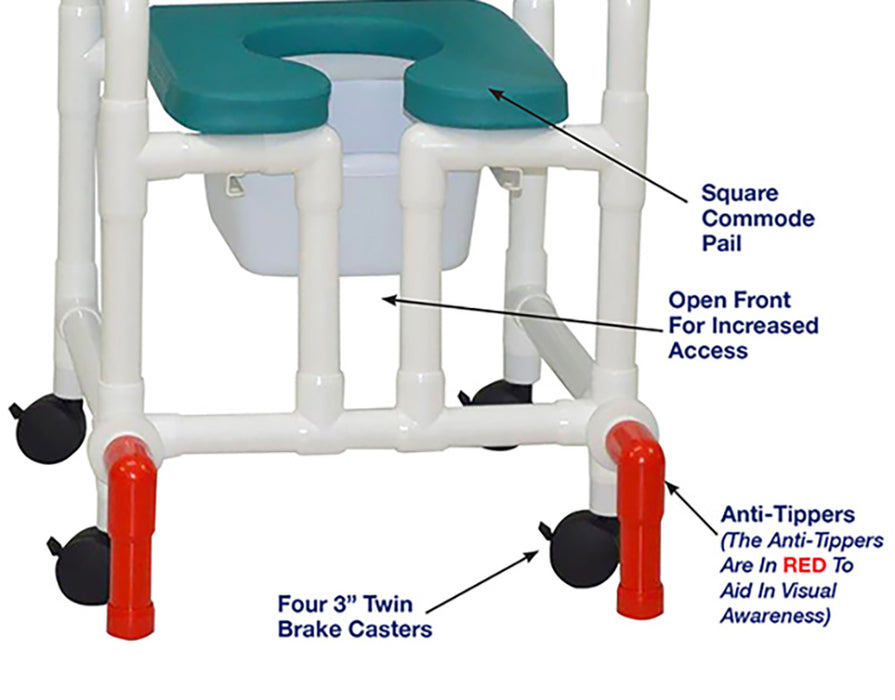 MJM International 118-3TW-SSDE-CBP-OB-OF-SQ-PAIL-AT Shower Chair With Soft Seat Deluxe Elongated, Cushion Back, Open Front, Square Pail And Anti-Tippers