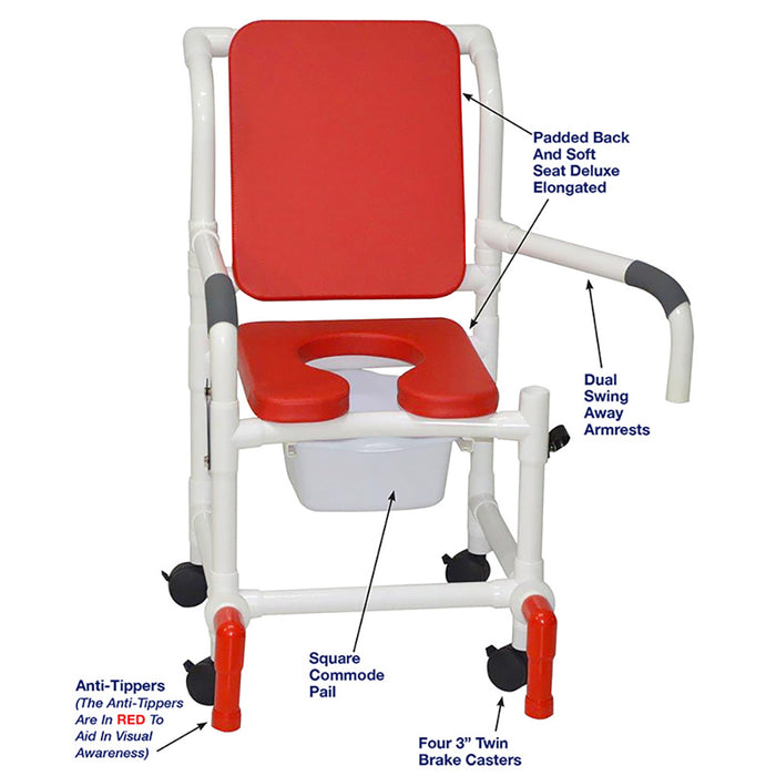 MJM International 118-3TW-SSDE-CBP-RD-DDA-SQ-PAIL-AT Shower Chair With Soft Seat Deluxe Elongated, Cushion Back, Dual Swing Away Armrests, Sliding Footrest, Square Pail, And Anti-Tippers