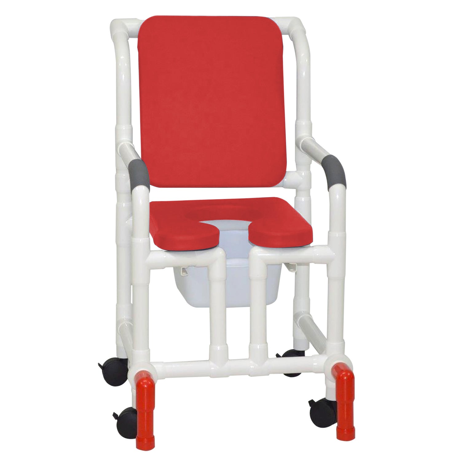 MJM International 118-3TW-SSDE-CBP-RD-OF-SQ-PAIL-AT Shower Chair With Soft Seat Deluxe Elongated, Cushion Back, Open Front, Square Pail And Anti-Tippers