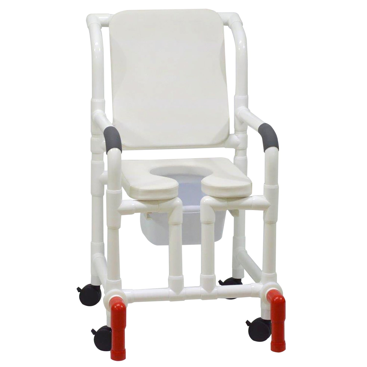 MJM International 118-3-SSDE-CBP-WH-OF-SQ-PAIL-AT Shower Chair With Soft Seat Deluxe Elongated, Cushion Back, Open Front, Square Pail And Anti-Tippers