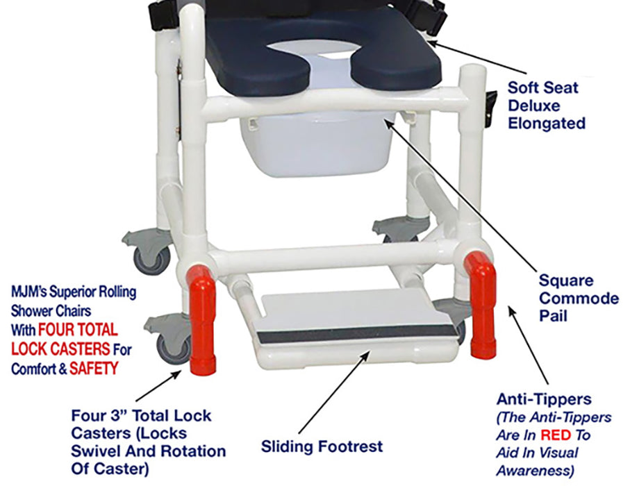 MJM International 118-3TL-SSDE-CBP-AB-DDA-SF-10-QT-C-BB-AT Shower Chair With Total Lock Casters, Soft Seat Deluxe Elongated, Cushion Back, Dual Swing Away Armrests, Sliding Footrest, Square Pail, Safety Belt and Anti-Tippers