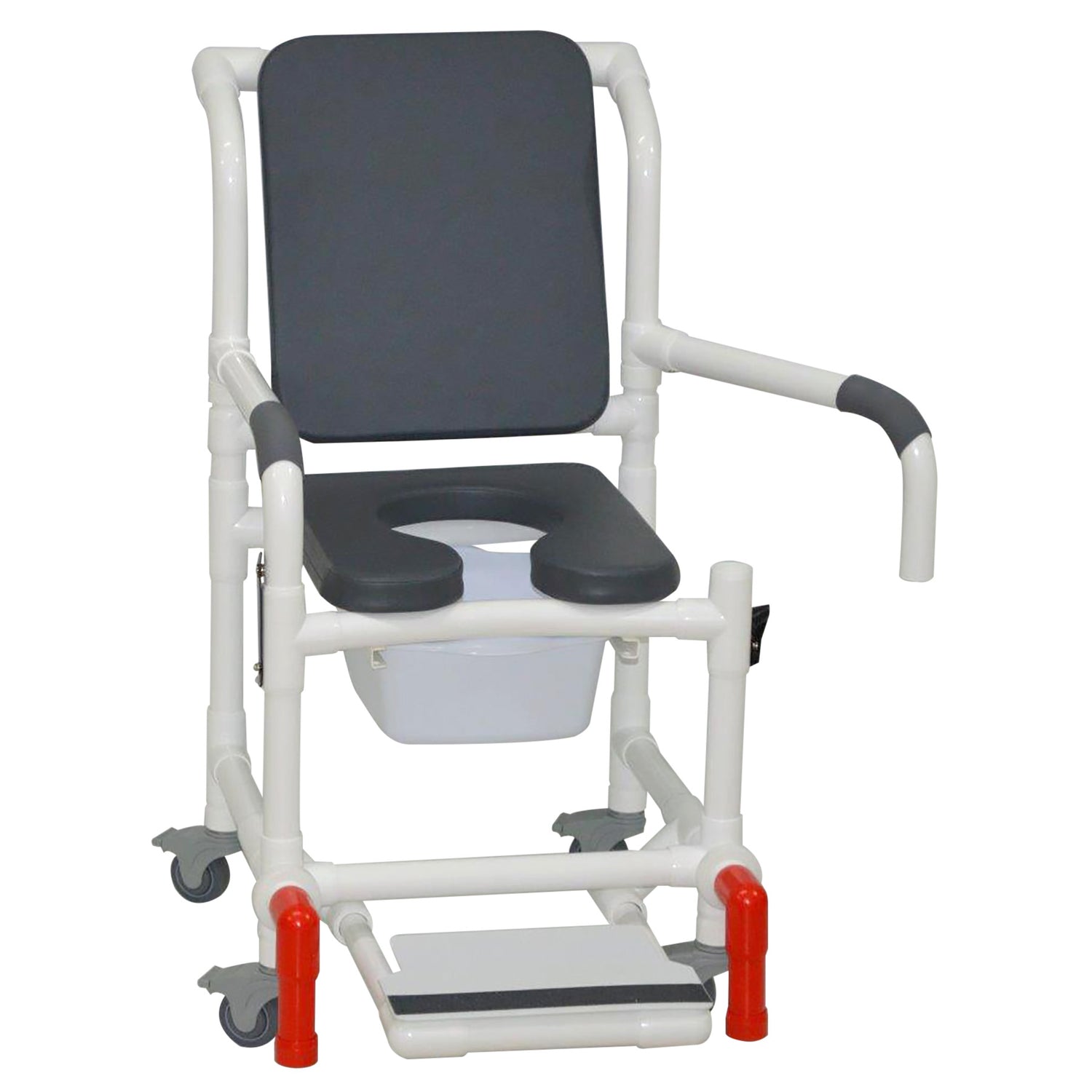 MJM International 118-3TL-SSDE-CBP-PI-DDA-SF-10-QT-C-AT Shower Chair With Total Lock Casters, Soft Seat Deluxe Elongated, Cushion Back, Dual Swing Away Armrests, Sliding Footrest, Square Pail and Anti-Tippers