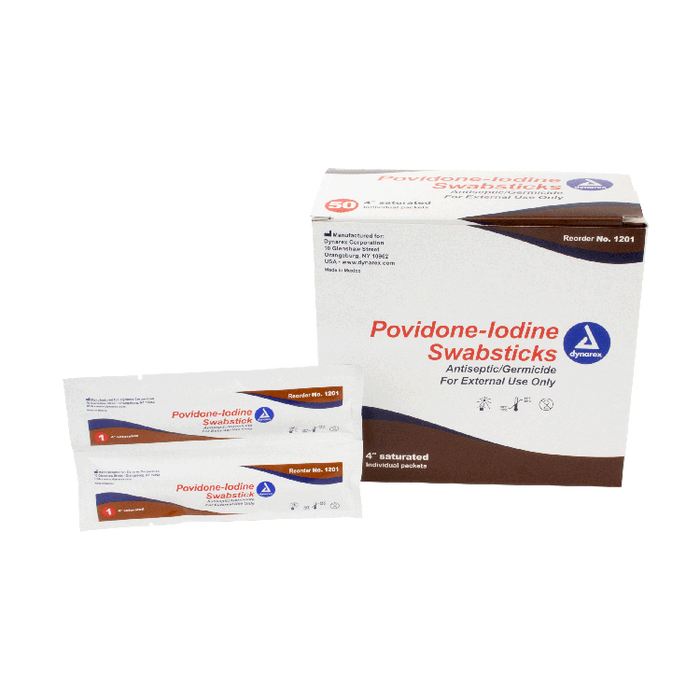 Dynarex Povidone Iodine Swabsticks, 1 Swabstick per Packet, 10/50/cs