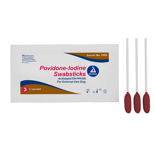 Dynarex Povidone Iodine Swabsticks, 3 Swabsticks per Packet, 10/25/cs