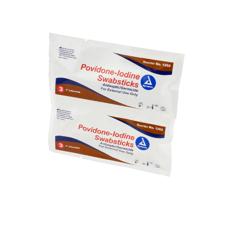 Dynarex Povidone Iodine Swabsticks, 3 Swabsticks per Packet, 10/25/cs