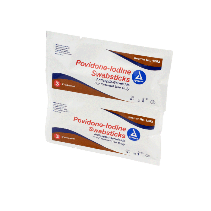 Dynarex Povidone Iodine Swabsticks, 3 Swabsticks per Packet, 10/25/cs