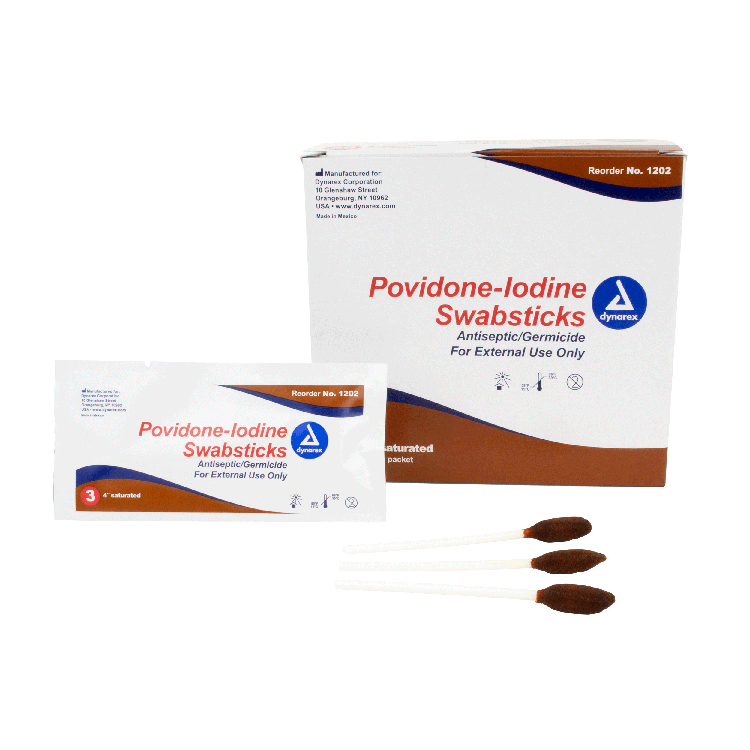 Dynarex Povidone Iodine Swabsticks, 3 Swabsticks per Packet, 10/25/cs