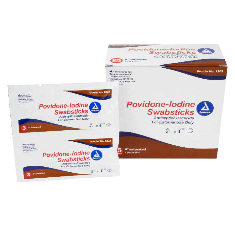 Dynarex Povidone Iodine Swabsticks, 3 Swabsticks per Packet, 10/25/cs