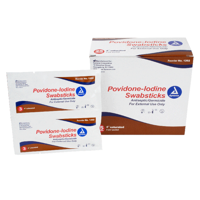 Dynarex Povidone Iodine Swabsticks, 3 Swabsticks per Packet, 10/25/cs