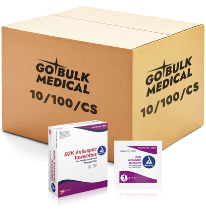 Dynarex BZK Antiseptic Towelettes, 5" x 7", Quantity 10 per Box / Case of 100