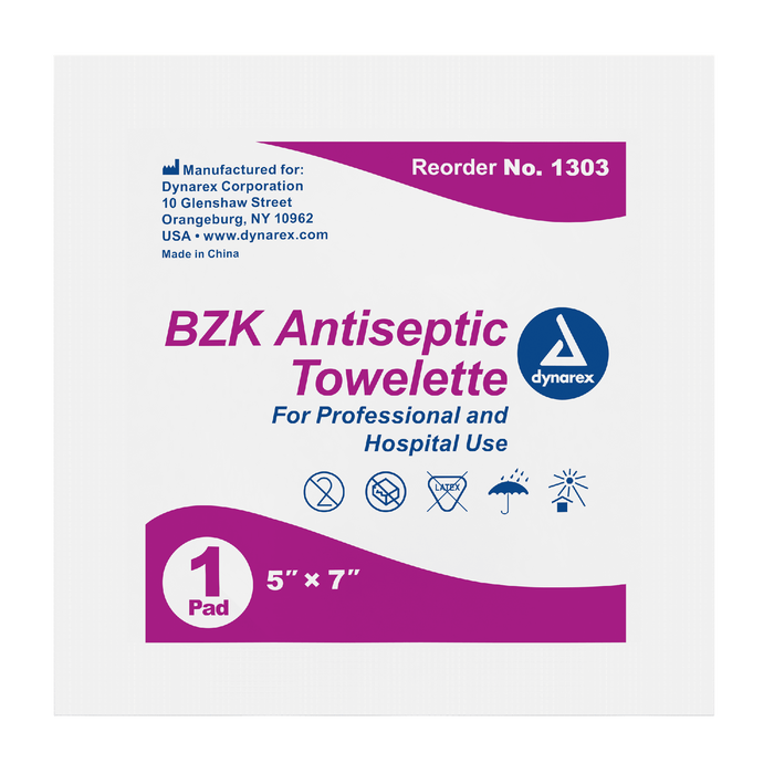 Dynarex BZK Antiseptic Towelettes, 5" x 7", 10/100/cs