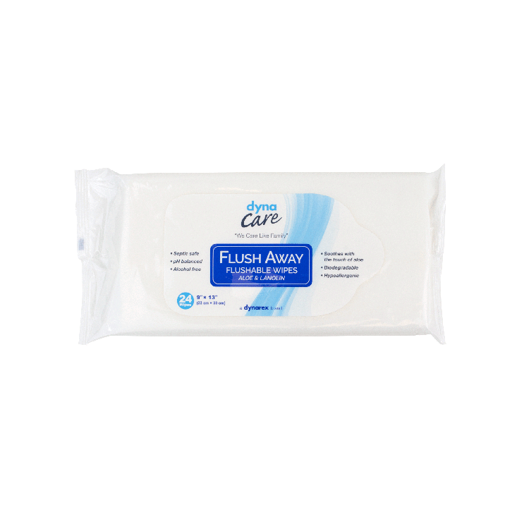 DynaCare Flushable Wipes - Adult, 9" x 13" Soft Pack, 24/24/cs