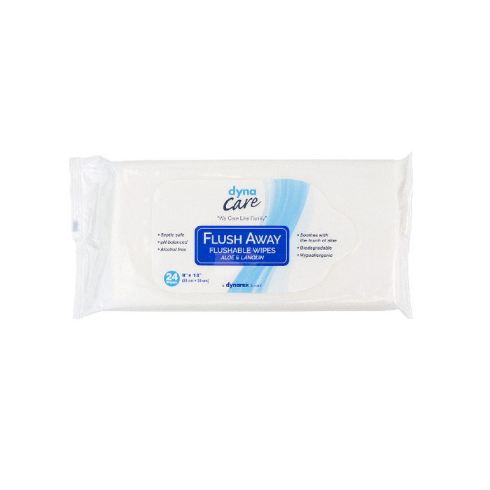 DynaCare Flushable Wipes - Adult, 9" x 13" Soft Pack, 24/24/cs