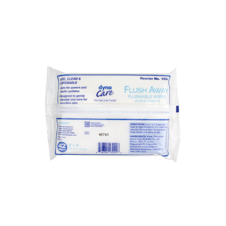 DynaCare Flushable Wipes - Junior, 5" x 8" Soft Pack, 12/42/cs