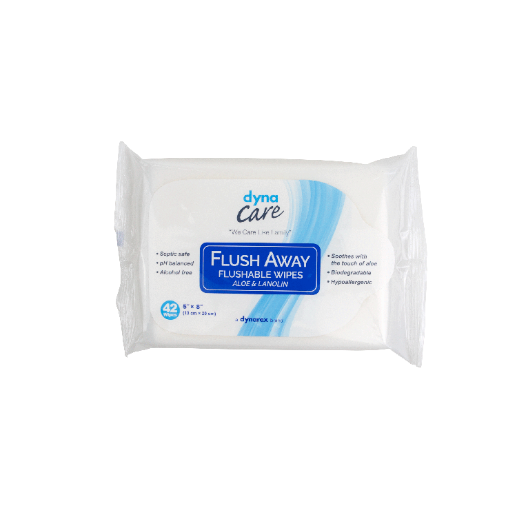 DynaCare Flushable Wipes - Junior, 5" x 8" Soft Pack, 12/42/cs