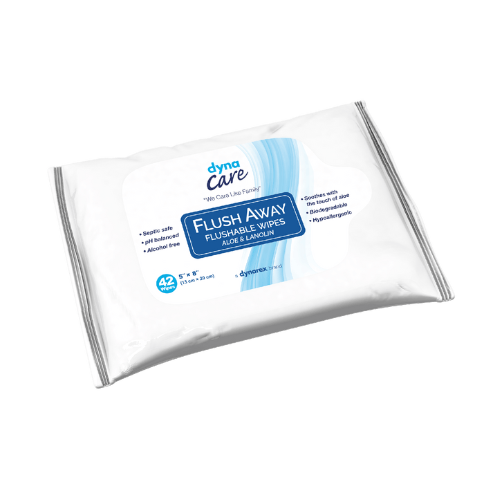 DynaCare Flushable Wipes - Junior, 5" x 8" Soft Pack, 12/42/cs