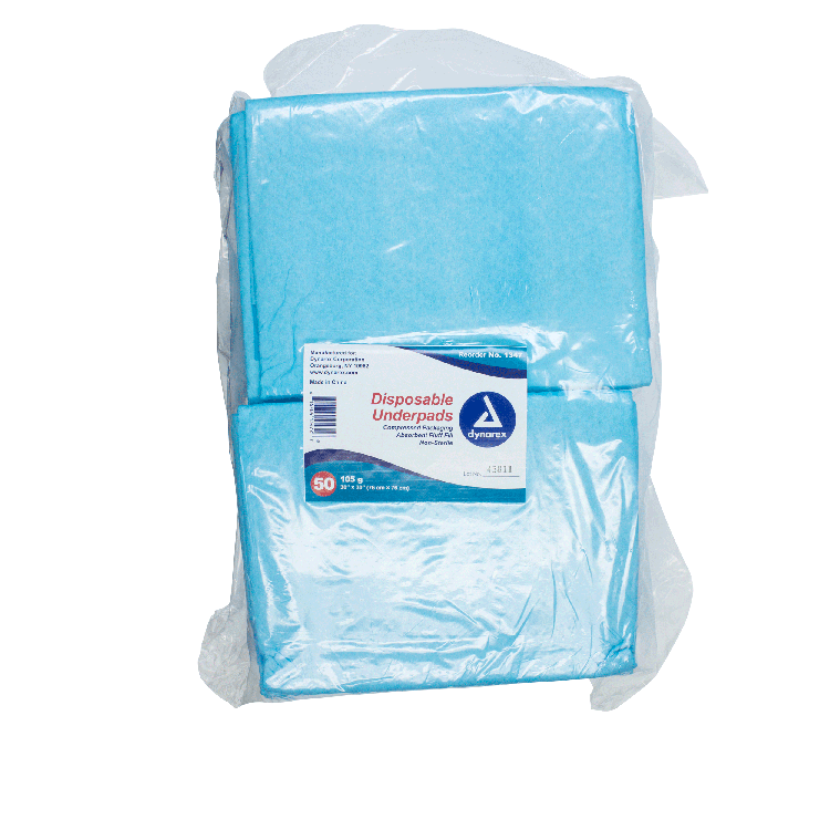 Dynarex Disposable Underpads w/ Polymer, 30" x 30" (105 g), 50ea/bag, 2bags/case (100 Count)