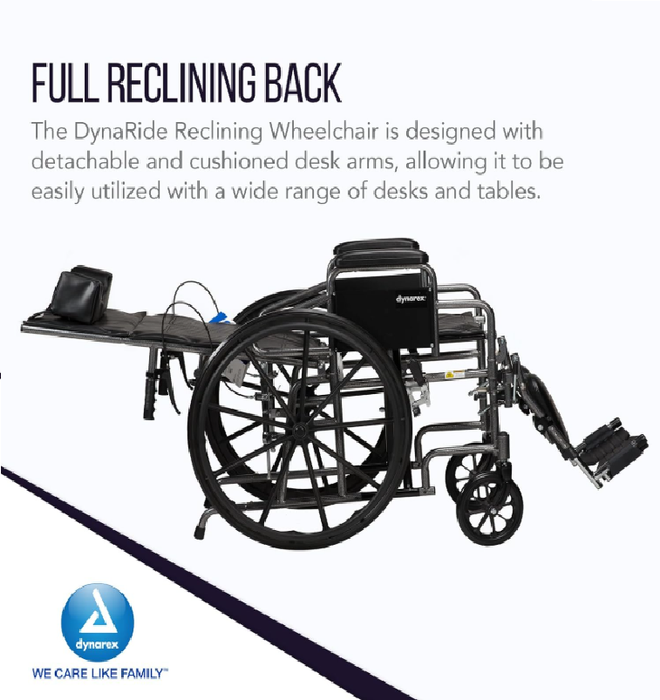Dynarex DynaRide Reclining Wheelchair with Detachable Desk Armrests, Silver Vein Finish