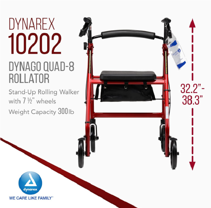 Dynarex DynaGo Quad 8 - Aluminum Rollator w/ 7.5" Wheels, Red