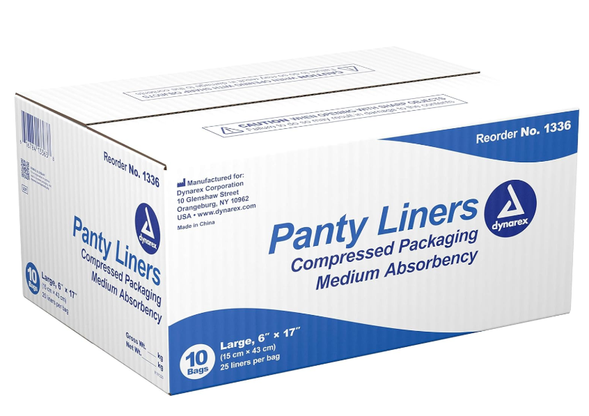 Dynarex Panty Liners w/ Adhesive Tab, 6" x 17", 25ea/bx, 10bxs/case (250 Count)