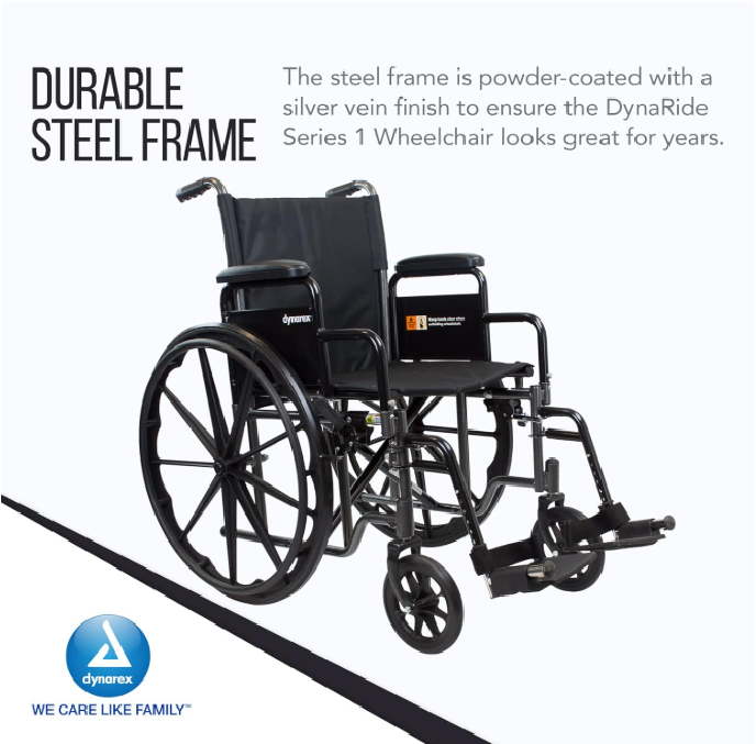 Dynarex DynaRide S1 Wheelchair - 18" x 16" with Fixed or Removable Desk Armrests, Silver Vein Finish | 300 lb Weight Capacity
