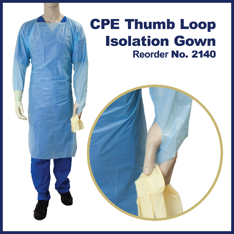 Dynarex CPE Thumb Loop Isolation Gown, Blue, 5/15/cs