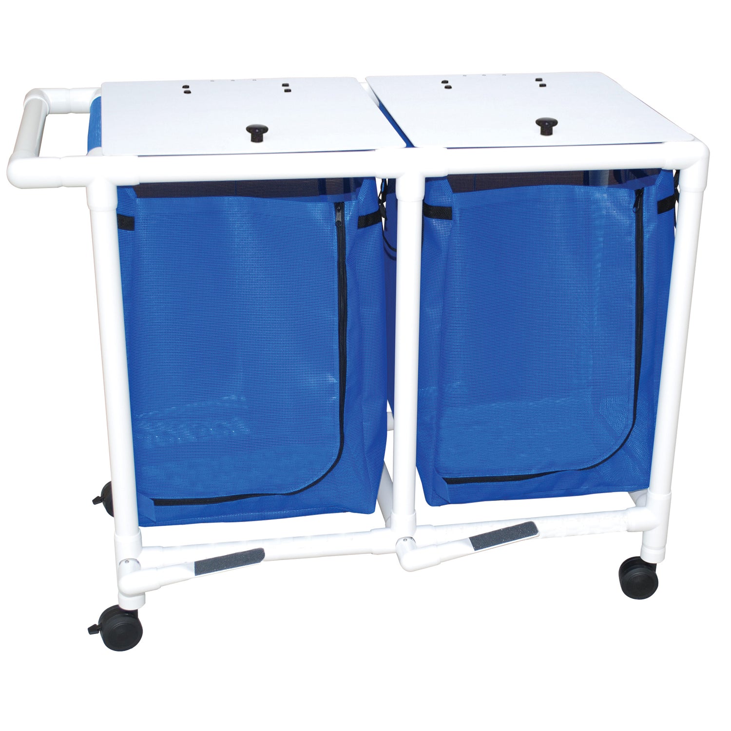 MJM International 218-D-FP Double hamper with mesh bag (43 gallon capacity per bag), 3" twin casters, zipper opening, push/pull handle & footpedal