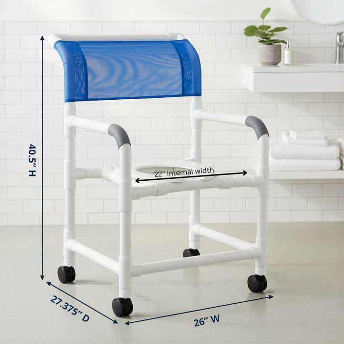 MJM International 122-3TW Wide Shower Chair 22" Internal Width, Open Front Seat, 3" Twin Casters,  375 Lbs Weight Capacity