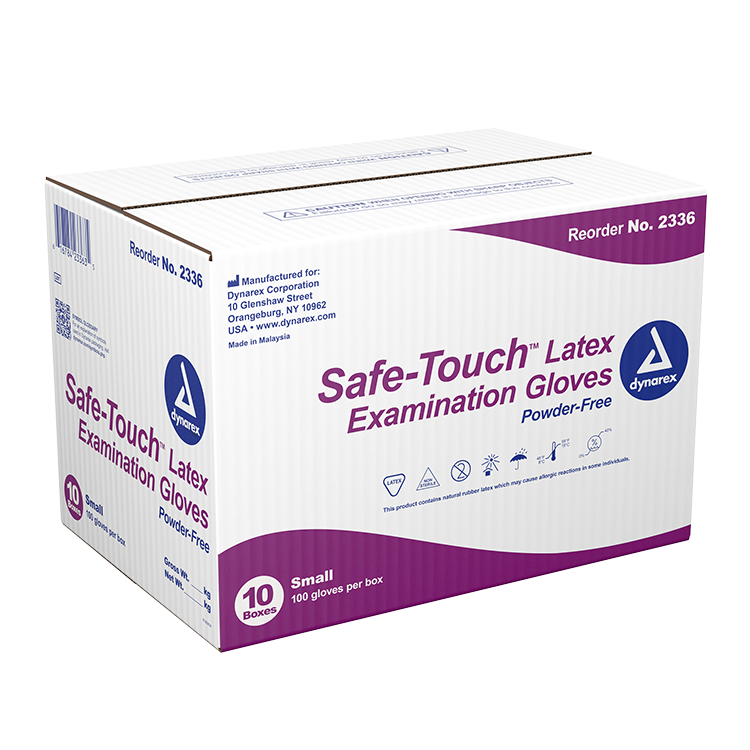 Dynarex Safe-Touch Latex Exam Gloves, 3 Mil Thick, Powder-Free, 100 Gloves / Box of 10