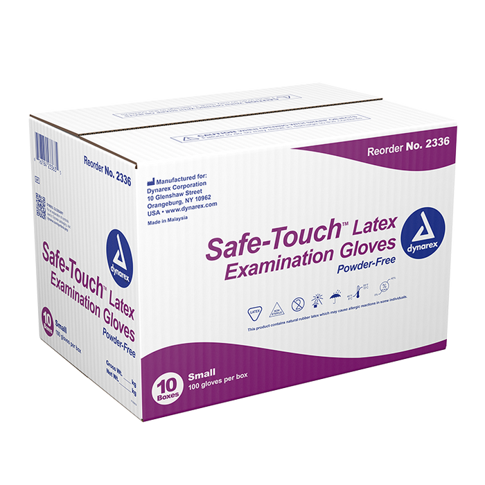 Dynarex Safe-Touch Latex Exam Gloves, 3 Mil Thick, Powder-Free, 100 Gloves / Box of 10