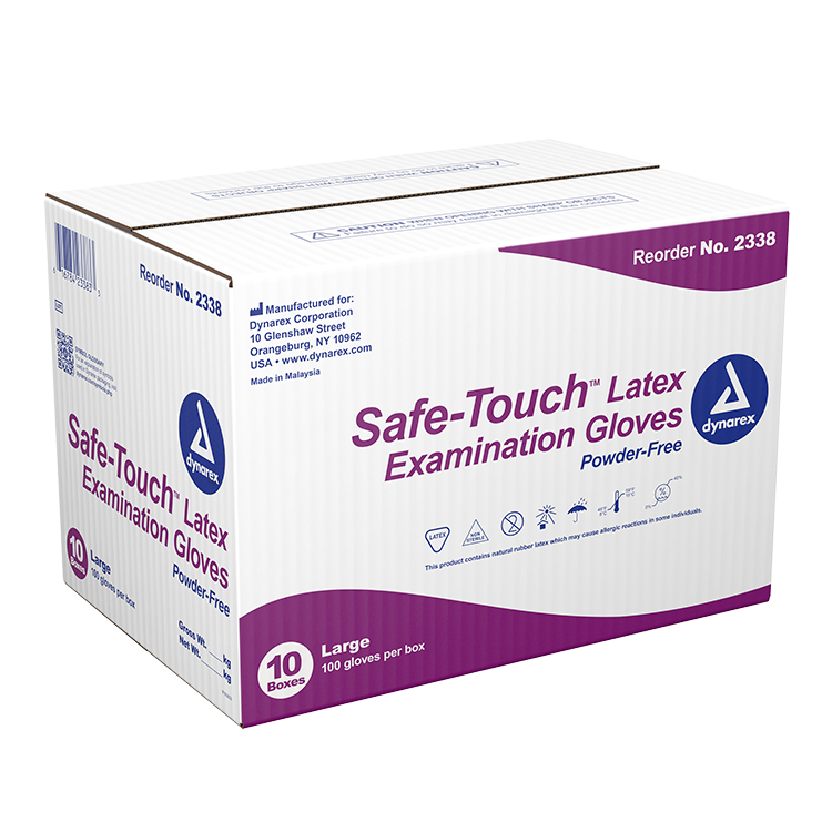 Dynarex Safe-Touch Latex Exam Gloves, 3 Mil Thick, Powder-Free, 100 Gloves / Box of 10