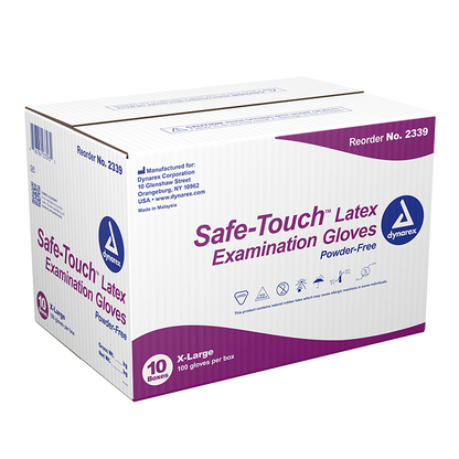 Dynarex Safe-Touch Latex Exam Gloves, 3 Mil Thick, Powder-Free, 100 Gloves / Box of 10