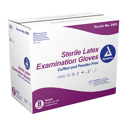 Dynarex Sterile Latex Exam Gloves, 3 Mil Thick, Powder-Free, 50 Pairs / Box of 8