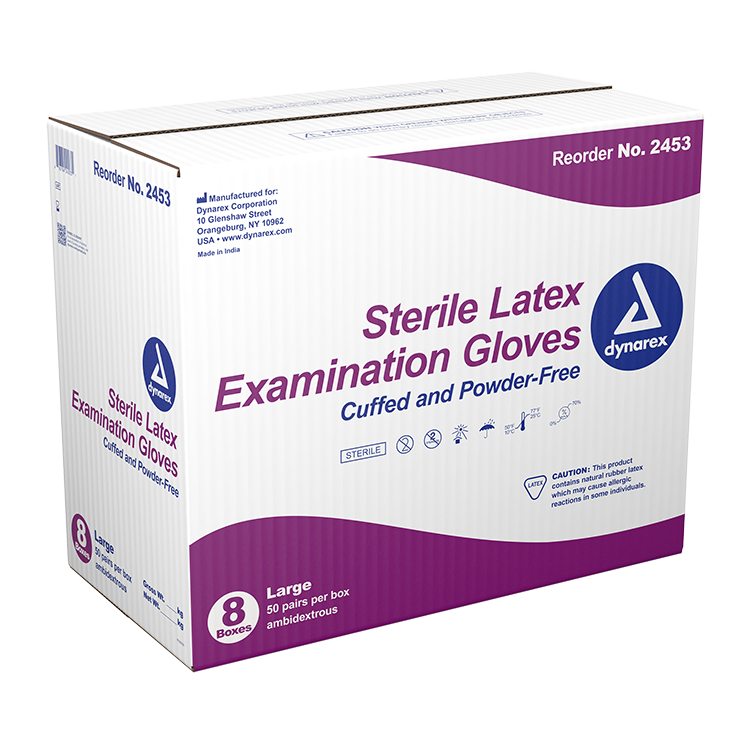 Dynarex Sterile Latex Exam Gloves, 3 Mil Thick, Powder-Free, 50 Pairs / Box of 8