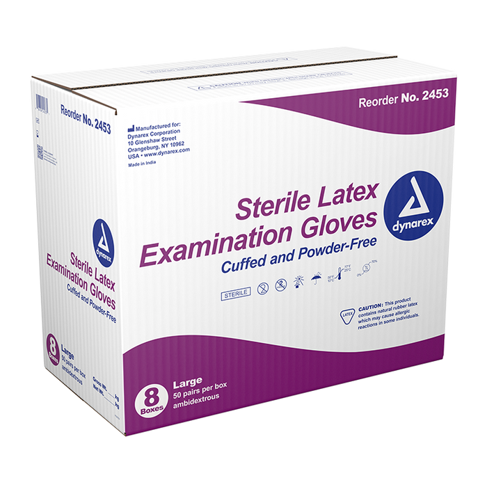 Dynarex Sterile Latex Exam Gloves, 3 Mil Thick, Powder-Free, 50 Pairs / Box of 8