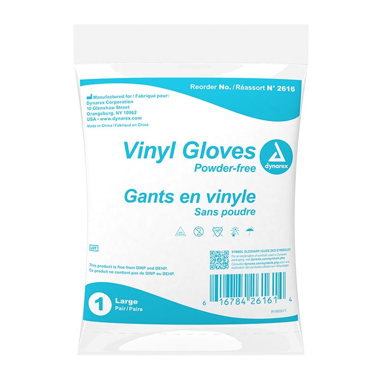 Dynarex Vinyl Exam Gloves In A Bag, 3 Mil Thick, Large, Powder-Free, Clear, 1 Pair / 500 Bags per Case