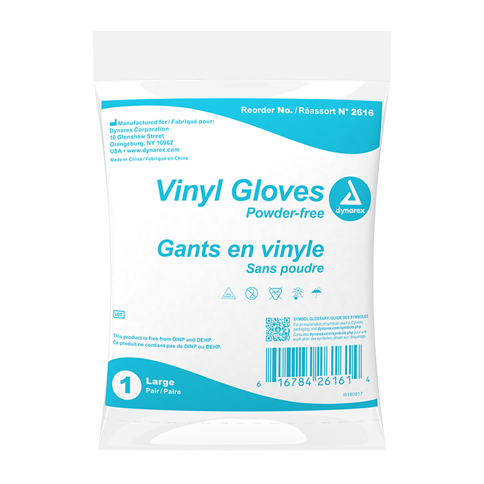 Dynarex Vinyl Exam Gloves In A Bag, 3 Mil Thick, Large, Powder-Free, Clear, 1 Pair / 500 Bags per Case