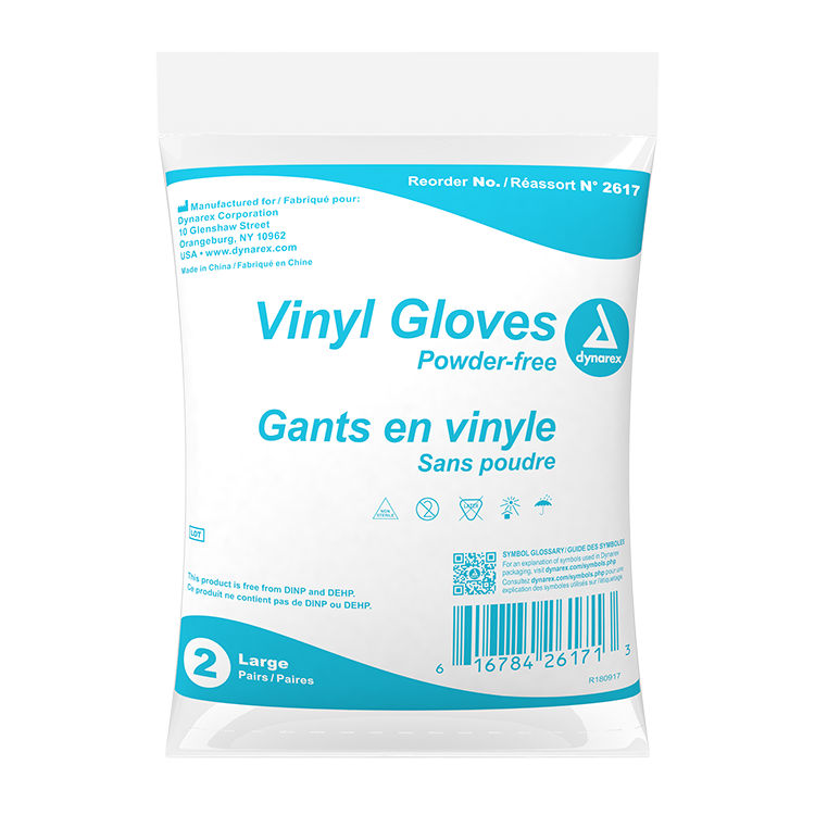 Dynarex Vinyl Exam Gloves In A Bag, Palm 3 Mil / Fingertips 2 Mil - Large, Powder-Free, Clear, 2 Pairs / 500 Bags per Case