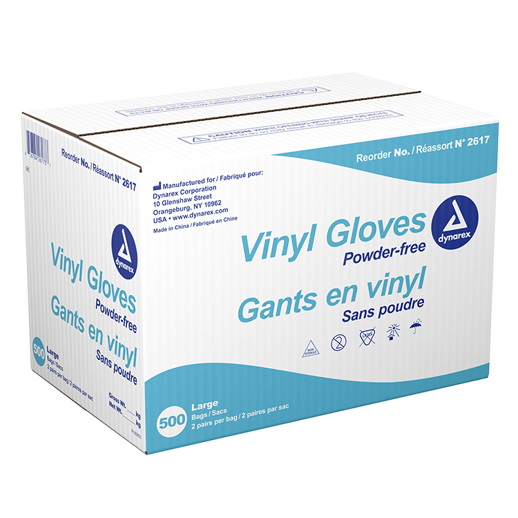 Dynarex Vinyl Exam Gloves In A Bag, Palm 3 Mil / Fingertips 2 Mil - Large, Powder-Free, Clear, 2 Pairs / 500 Bags per Case