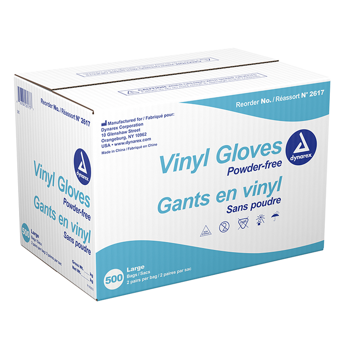 Dynarex Vinyl Exam Gloves In A Bag, Palm 3 Mil / Fingertips 2 Mil - Large, Powder-Free, Clear, 2 Pairs / 500 Bags per Case