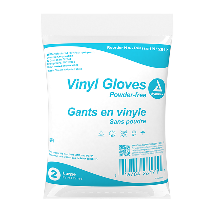 Dynarex Vinyl Exam Gloves In A Bag, Palm 3 Mil / Fingertips 2 Mil - Large, Powder-Free, Clear, 2 Pairs / 500 Bags per Case