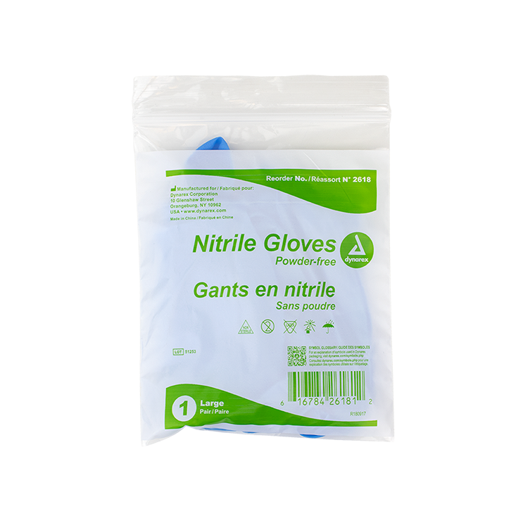 Dynarex Nitrile Exam Gloves In A Bag, Large, 2 Mil Thick, Powder-Free, Blue, 1 Pair / 500 Bags per Case