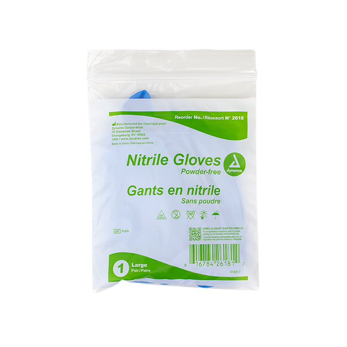 Dynarex Nitrile Exam Gloves In A Bag, Large, 2 Mil Thick, Powder-Free, Blue, 1 Pair / 500 Bags per Case